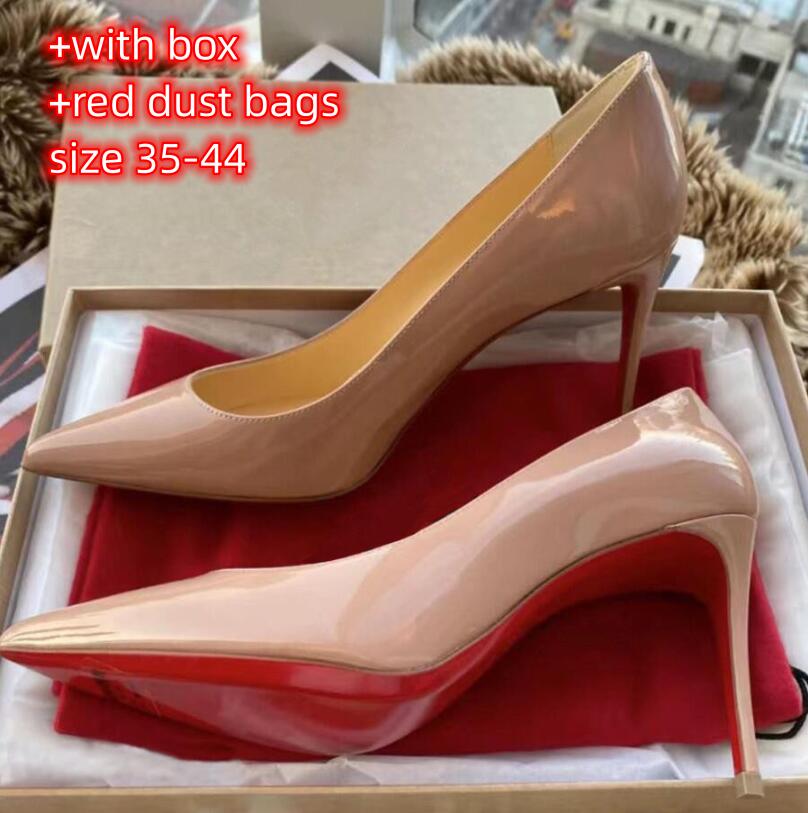 

Designer High Heels Shoes Brand Pumps Red Shiny Bottoms 8Cm 10Cm 12Cm Thin Heel Pointed Toe Genuine Leather Nude Black Wedding Shoes with Box 34-44, A black red inside