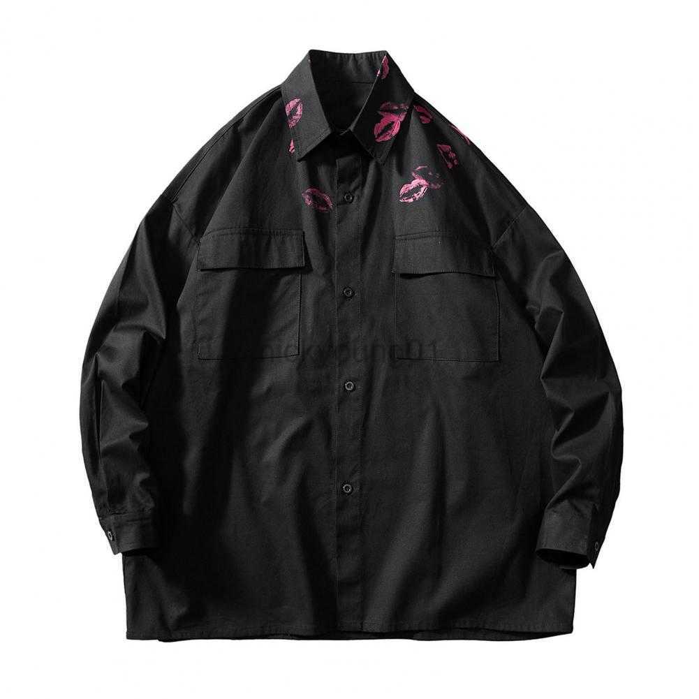 Men's Casual Shirts Lapel Long Sleeves Flap Pockets Single Breasted Coat Men Spring Kiss Print Loose Cardigan Y23