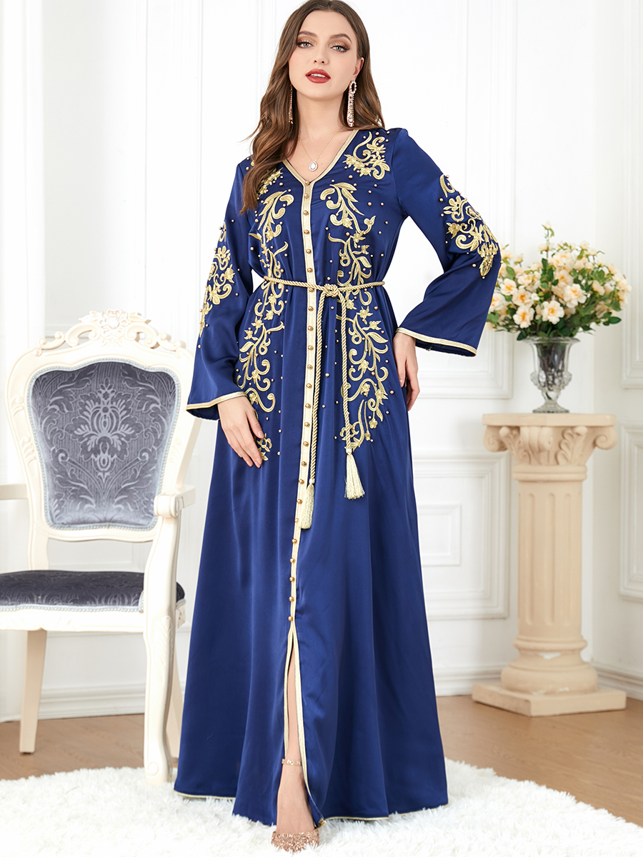 TPJB New Elegant Casual Floral Embroidery Beaded Long Sleeve Muslim Dresses Party Belted Kaftan Modest Clothing Women Ramadan, Blue
TPJB New Elegant Casual Floral Embroidery Beaded Long Sleeve Muslim Dresses Party Belted Kaftan Modest Clothing Women Ramadan, Blue