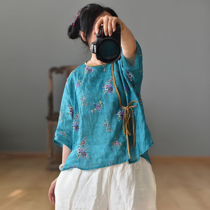 Women's Blouses Shirt Loose Ramie Blouse Tops Female Retro Printed s Ladies Summer Handmade Button Chinese Style 230510