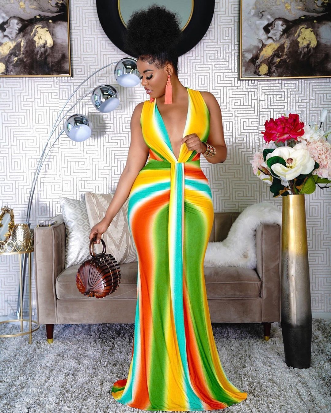 Ethnic Clothing Fashion Print African High Waist Vneck Maxi Dress for Women Elegant Lady Evening Party Dresses Summer Female Sexy Bodycon Gown 230510
