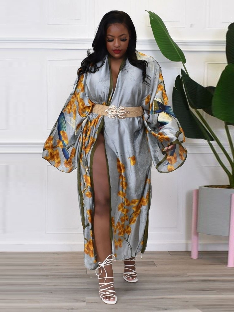 Ethnic Clothing African Dresses For Women Oversized Kaftan Elegant Satin Long Sleeve Cardigan Dress Casual Loose Summer Beach Wear Robe Femme 230510