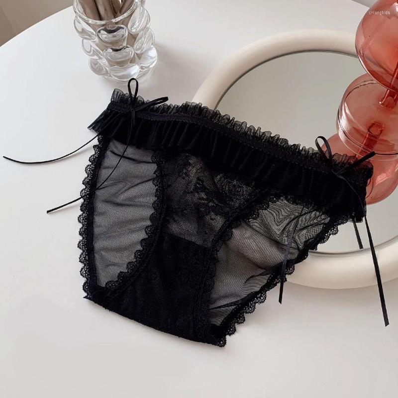 Women's Panties Sexy Lace Women Briefs Japanese Cotton Underwear Fairy Fluttering Hollow Ribbon Medium Waist Wrinkle MeshTransparent
