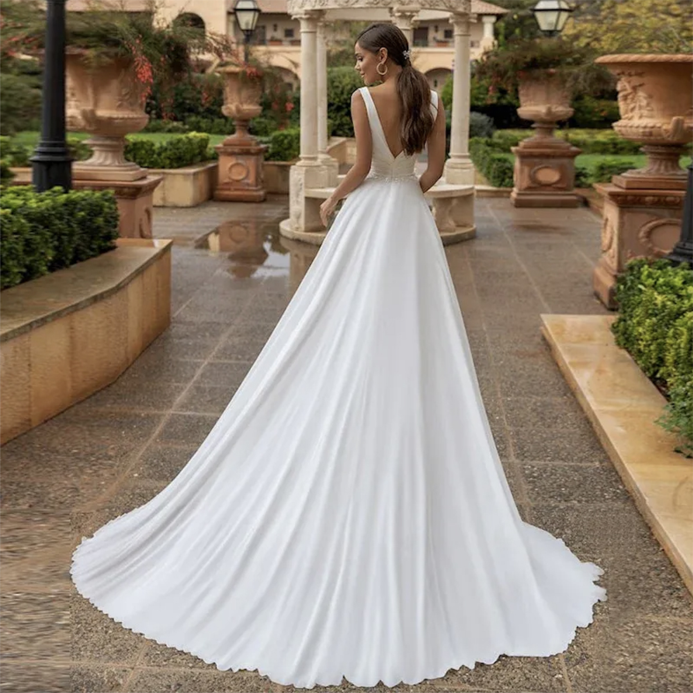 Simple Bohemian Beach Lace A Line Wedding Dresses Deep V Neck Pleats Draped Satin Backless Sashes Sweep Train Boho Bridal Gowns Second Reception Dress