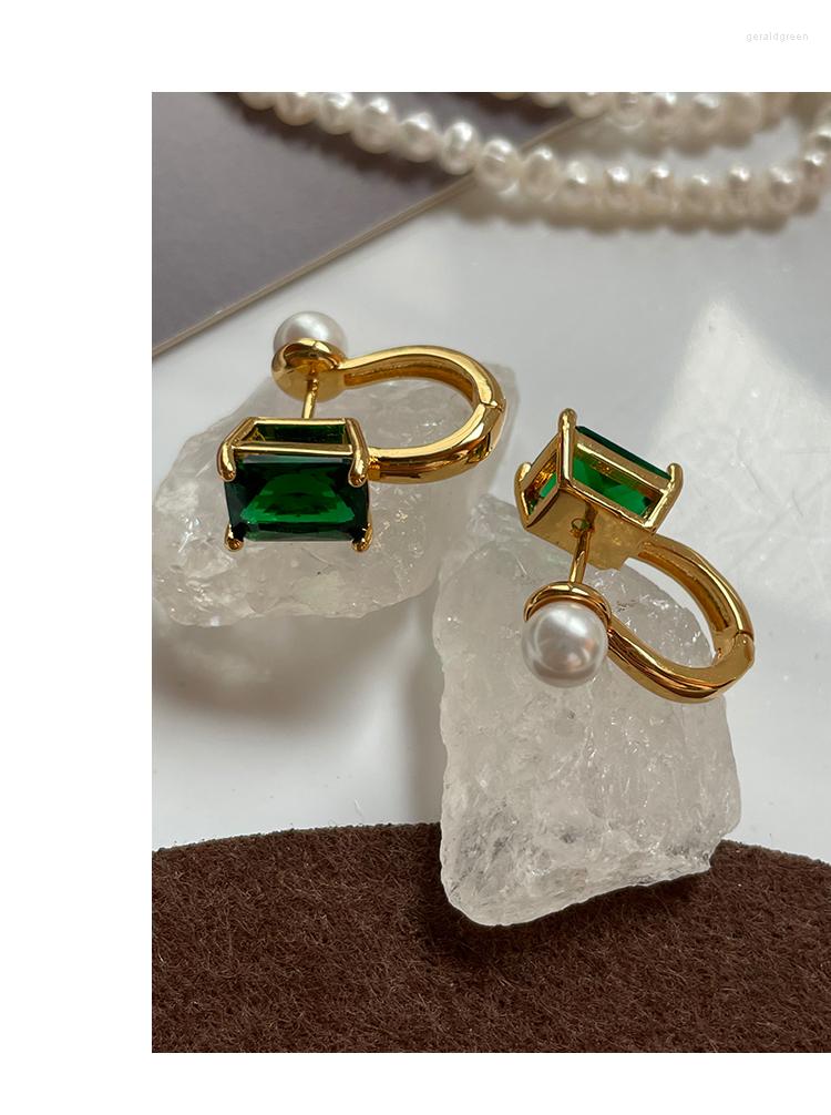 Stud Earrings Vintage Emerald Stone Pearl Premium Reversible Buckles Niche