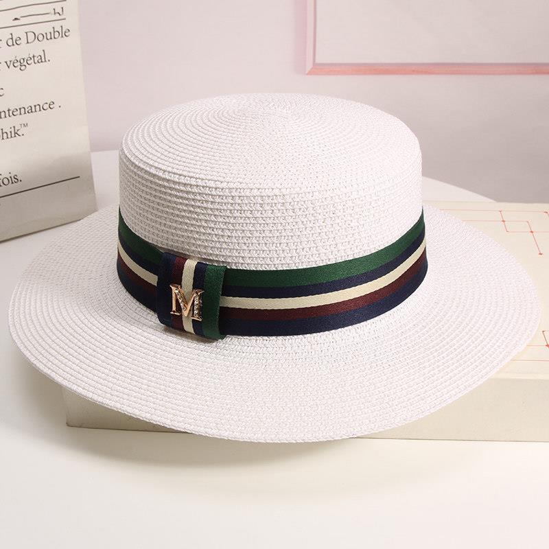 French m-Letter Flat Top Hat Women's Summer British Vintage Sunshade Straw Hat Beach Travel Vacation Sunscreen Sun Hat