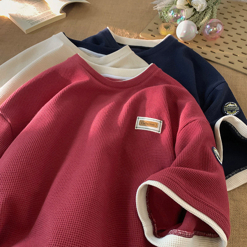 Men's T-Shirts Waffle short sleeved t-shirt men summer retro sports t shirt loose chic top graphic t shirts men clothing harajuku 230510