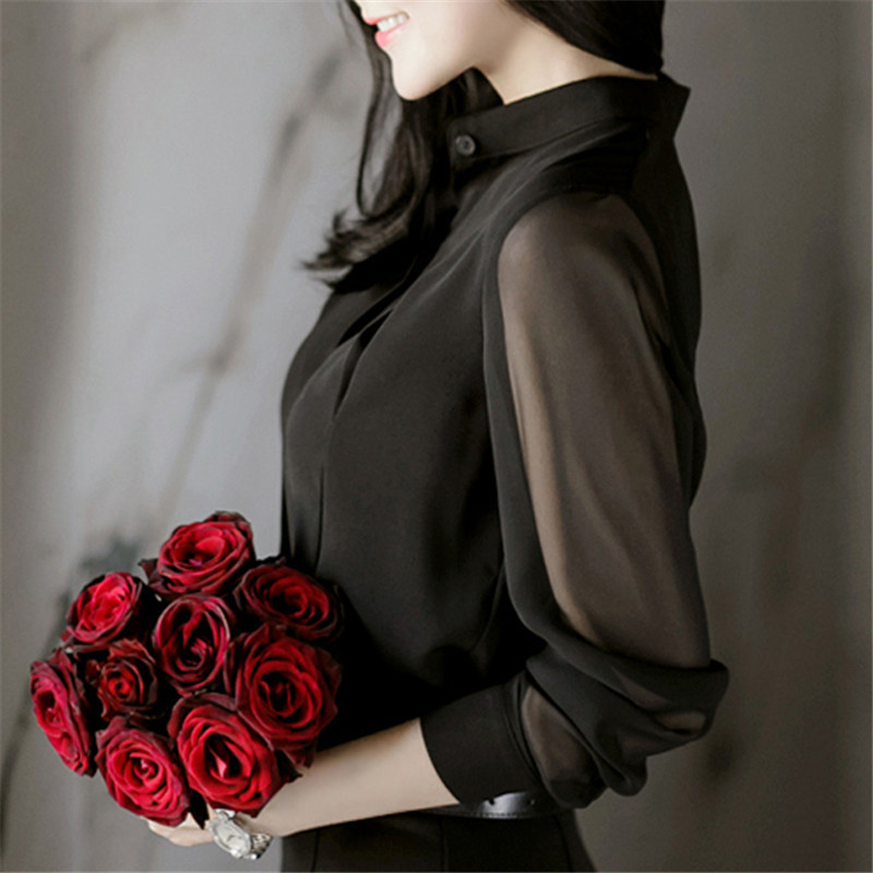 Women's Blouses Shirt Mesh Patchwork Chiffon Blouse Spring Sexy See Through OL Tops Casual Black Long Sleeve Slim Office s 230510