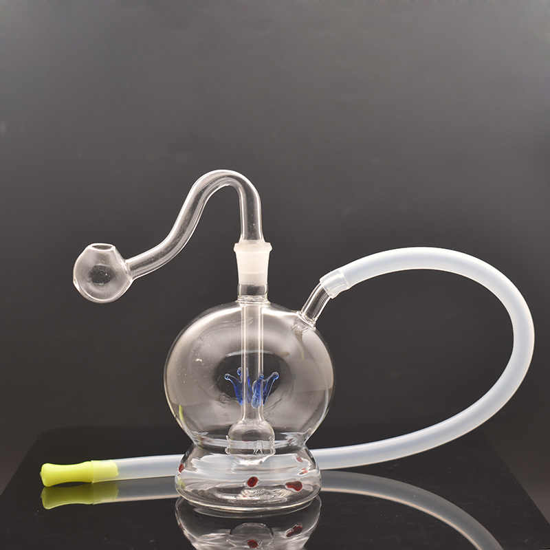 Round Shape Glass Oil Burner Bong Hookah Hand Smoking Water Pipe Inline Matrix Ash Catcher Bong with 10mm Male Glass Oil Burner Pipe and Silicone Hose