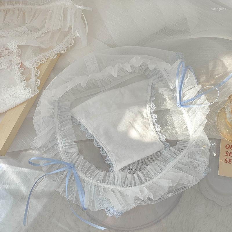 Women's Panties Sexy Lace Women Briefs Japanese Cotton Underwear Fairy Fluttering Hollow Ribbon Medium Waist Wrinkle MeshTransparent