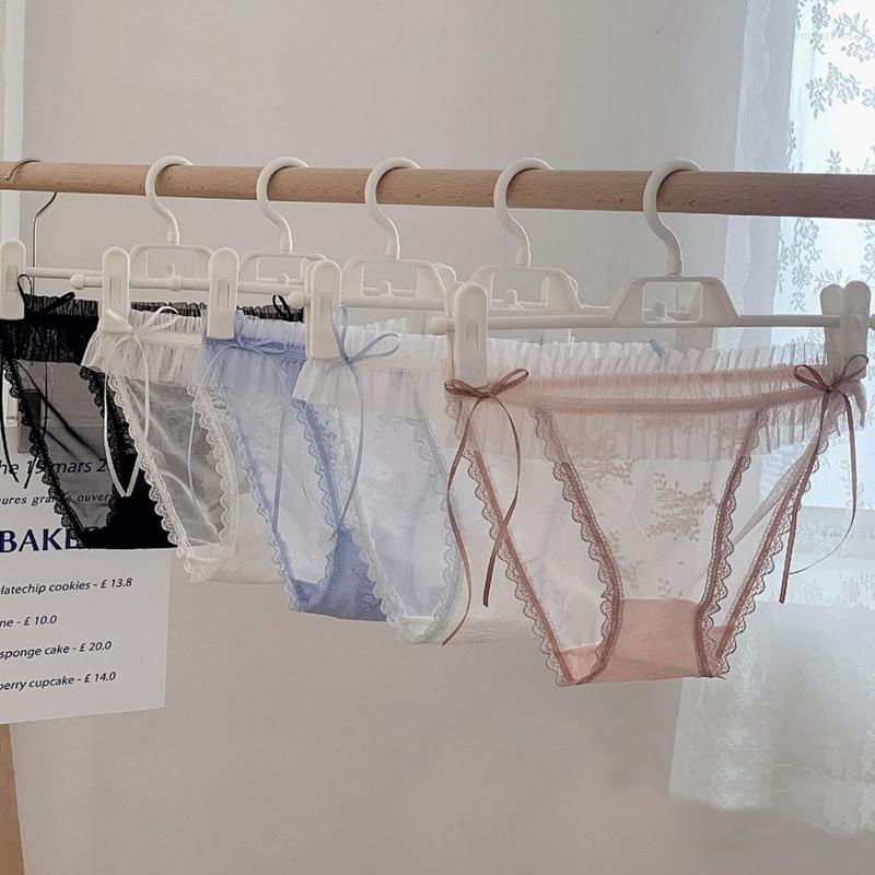 Women's Panties Sexy Lace Women Briefs Japanese Cotton Underwear Fairy Fluttering Hollow Ribbon Medium Waist Wrinkle MeshTransparent