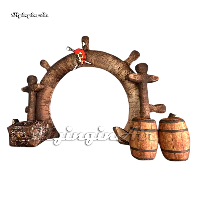 Amazing Sea Theme Party Inflatable Arch Skull Pirate Ship Rudder Replica Door With Casks And Treasure Chest For Club Entrance Decoration