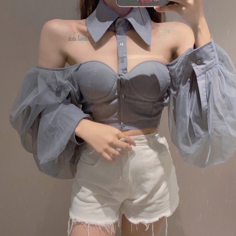 Women's Blouses Shirt Mesh Sheer Seethrough Long Sleeve Crop Top Singlebreasted Fashion Backless Sexy Female 230510
