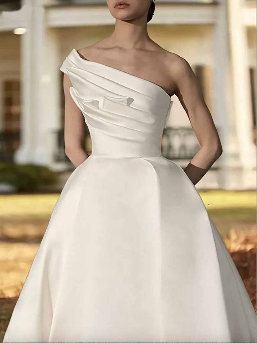 One Shoulder Classic Pleats A E Wedding Dresses Ivory Simple Satin Long Court Train Bridal Gowns Boho Minimalist Plus Size Maternity Party Reception R