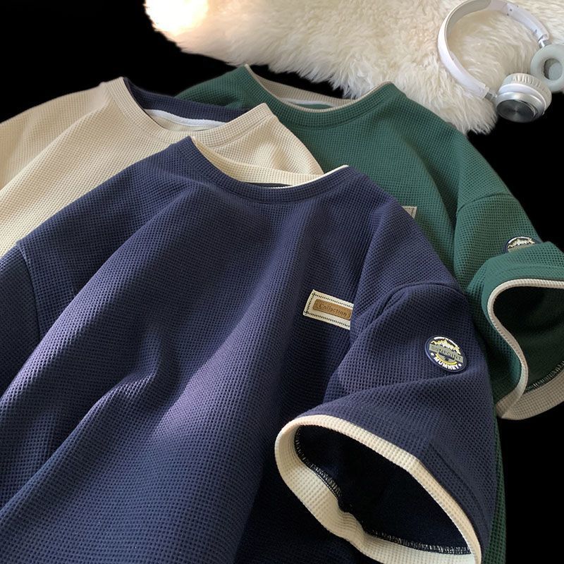 Men's T-Shirts Waffle short sleeved t-shirt men summer retro sports t shirt loose chic top graphic t shirts men clothing harajuku 230510