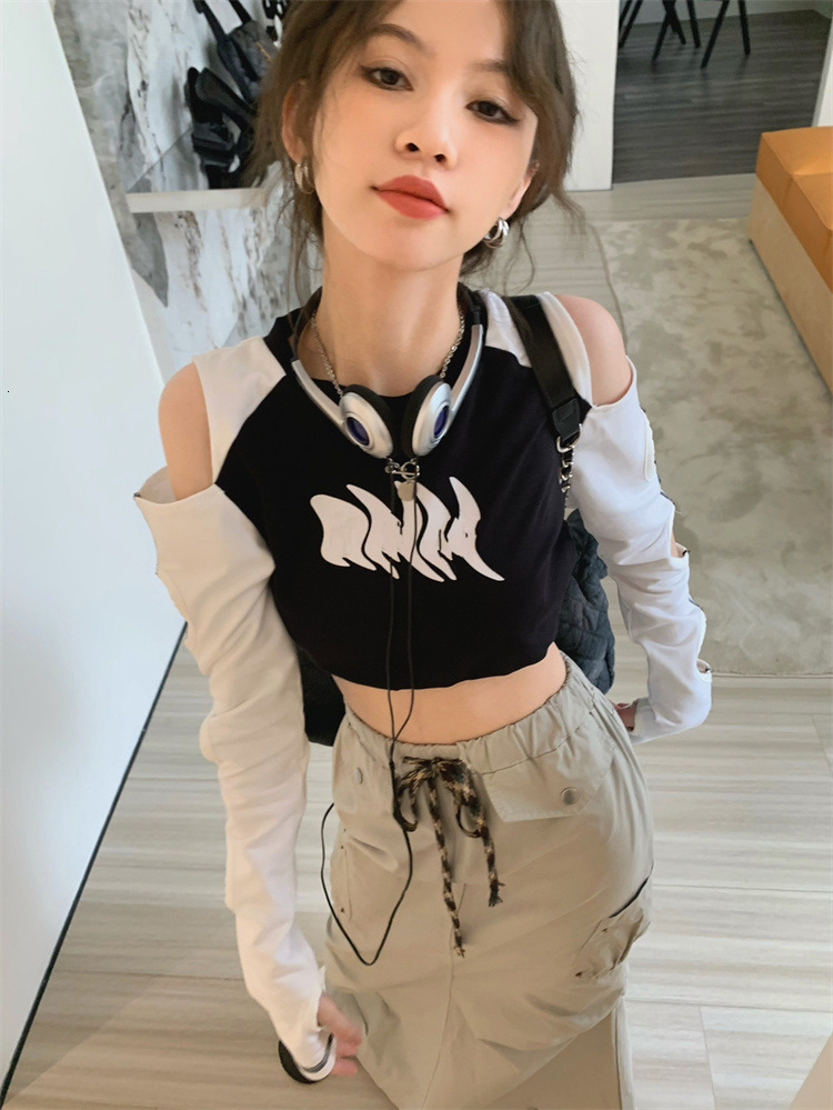 Womens TShirt KOSAHIKI Crop Top Tshirt Women Y2k Off Shoulder Hollow Out Long Sleeve TShirts Summer Fairy Korean Sexy Harajuku Tee Shirt 230510