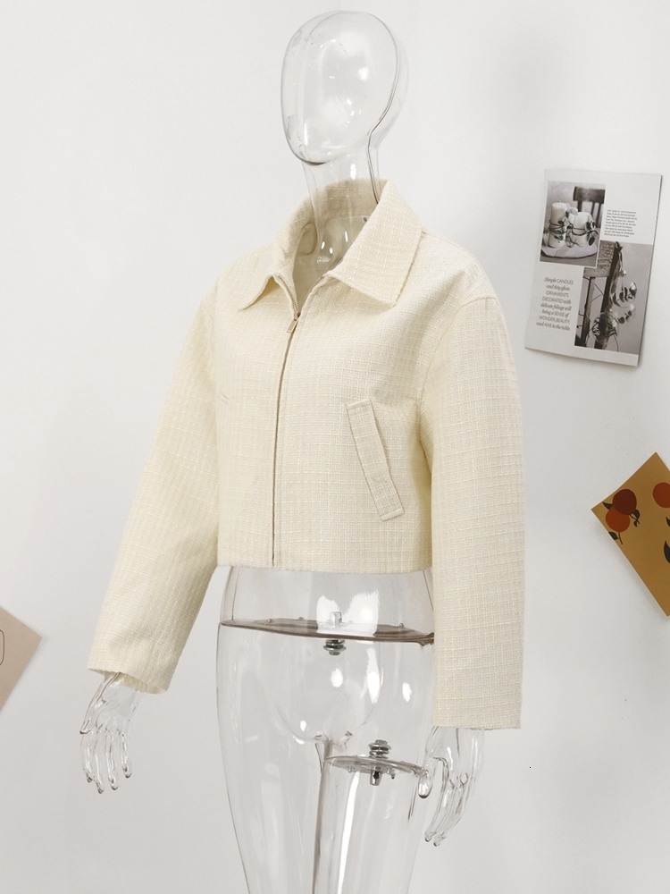 Women's Jackets Jaket wol crop musim semi untuk wanita 2023 jaket pendek elegan Chic mantel kerah Turn down Solid pakaian luar Vintage jalanan 23