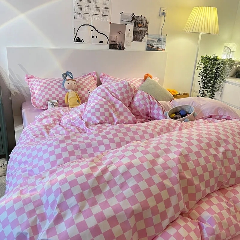 Bedding sets Nordic Pink Black Checkerboard Duvet Cover Sets With Pillow Case Bed Sheet Kids Girls King Queen Twin Kawaii 230510