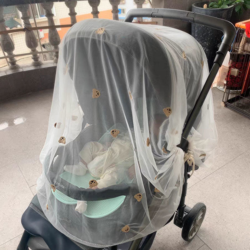 Crib Netting Baby Stroller Cover Breathable Mesh Mosquitoes Net Cartoon Embroidery Bear Sunshade Windshield Sunscreen Curtain 230510