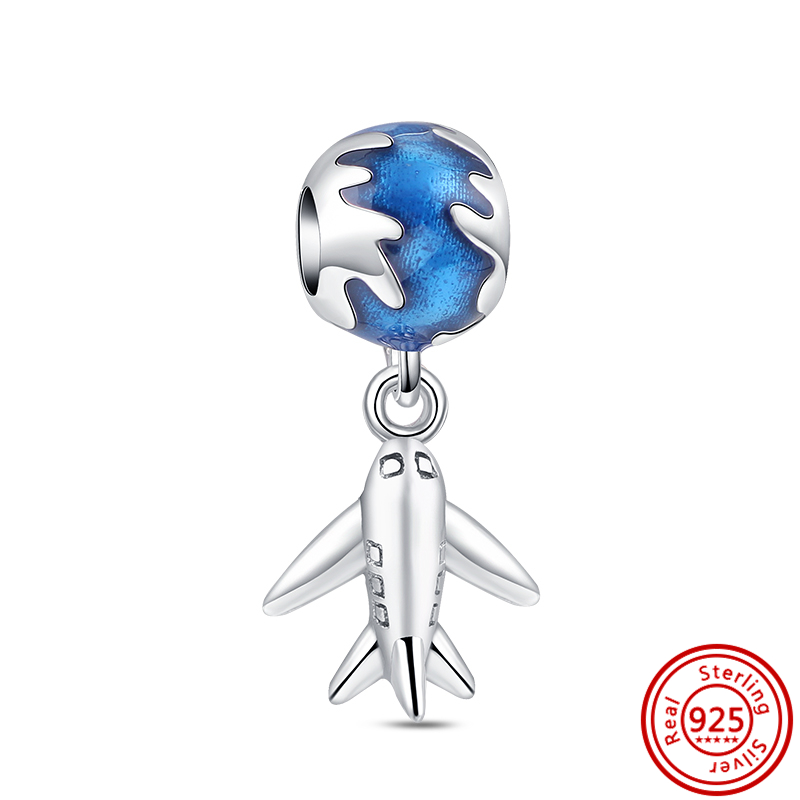 925 Sterling Silver Charming Blue Earth Aircraft Global Travel Postcard Global DIY Pearl Is Suitable For Primitive Bracelets Exquisite Jewelry