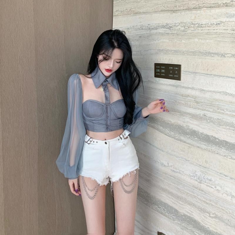 Women's Blouses Shirt Mesh Sheer Seethrough Long Sleeve Crop Top Singlebreasted Fashion Backless Sexy Female 230510