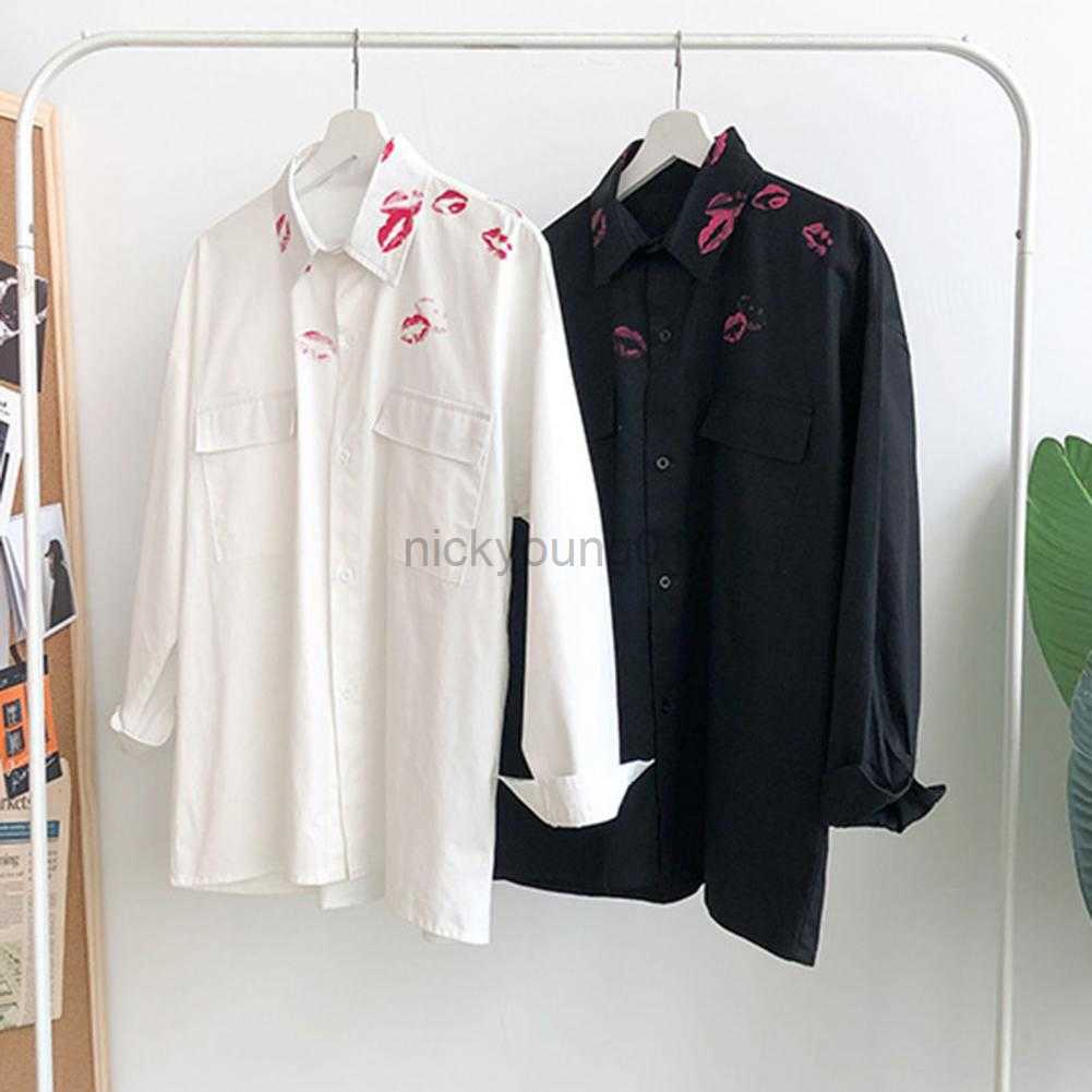 Men's Casual Shirts Lapel Long Sleeves Flap Pockets Single Breasted Coat Men Spring Kiss Print Loose Cardigan Y23