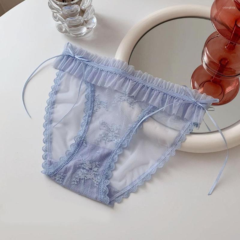 Women's Panties Sexy Lace Women Briefs Japanese Cotton Underwear Fairy Fluttering Hollow Ribbon Medium Waist Wrinkle MeshTransparent