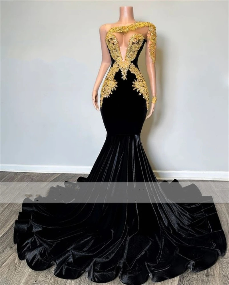 Elegant Veet Prom 2024 For Black Girls Gold Appliques Beaded Birthday Party Dress One Shoulder Evening Dresses