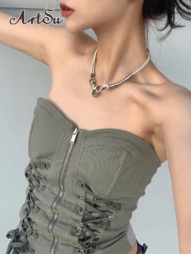 Womens Tanks Camis Artsu Zip Up Corset Top y2k Chic Bandage Bodycon Bustier Crop Fairycore Grunge Vest Harajuku Vintage 230510