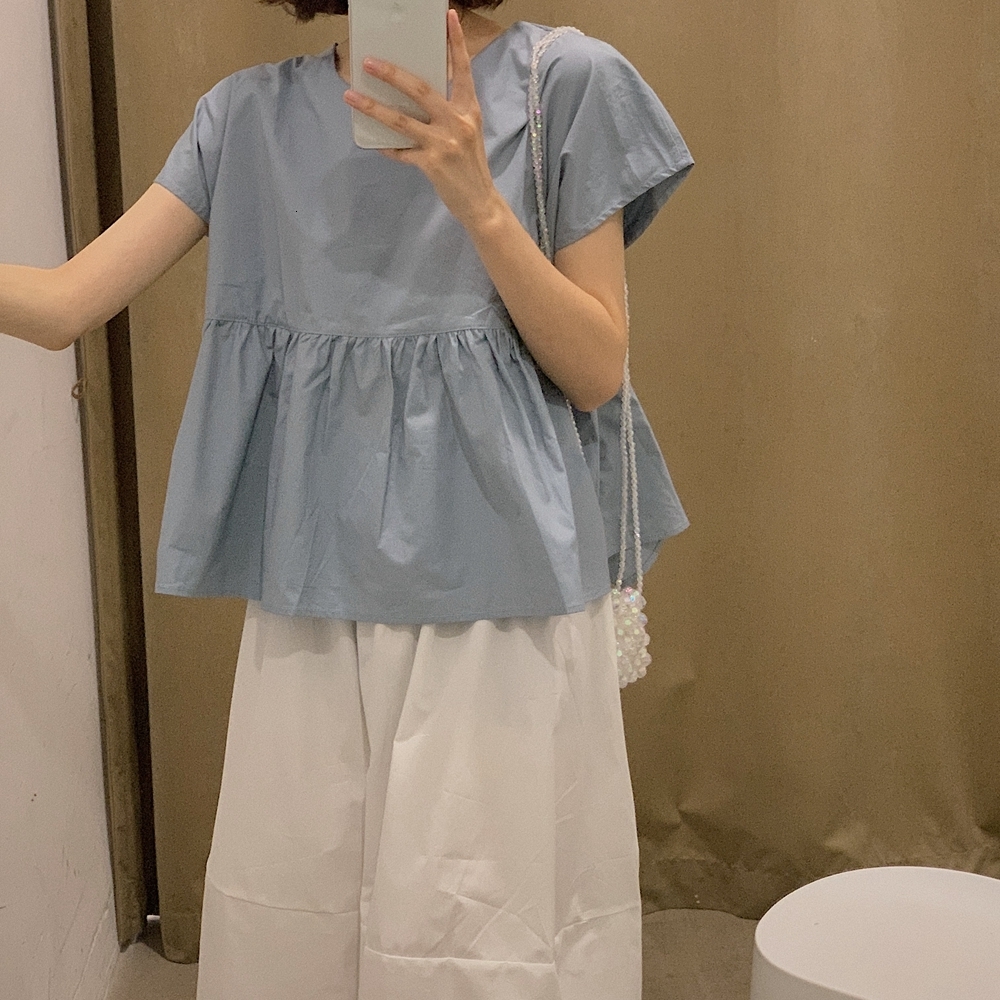 Women's Blouses Shirts Cute O Neck Ruffle Short Sleeve Tops Summer White Yellow Blue Blouse Women High Waist Korean Elegant Peplum Kawaii Holiday