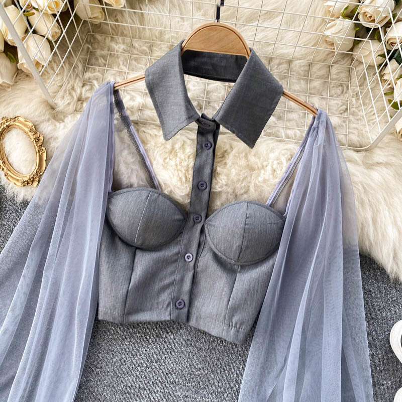 Women's Blouses Shirt Mesh Sheer Seethrough Long Sleeve Crop Top Singlebreasted Fashion Backless Sexy Female 230510