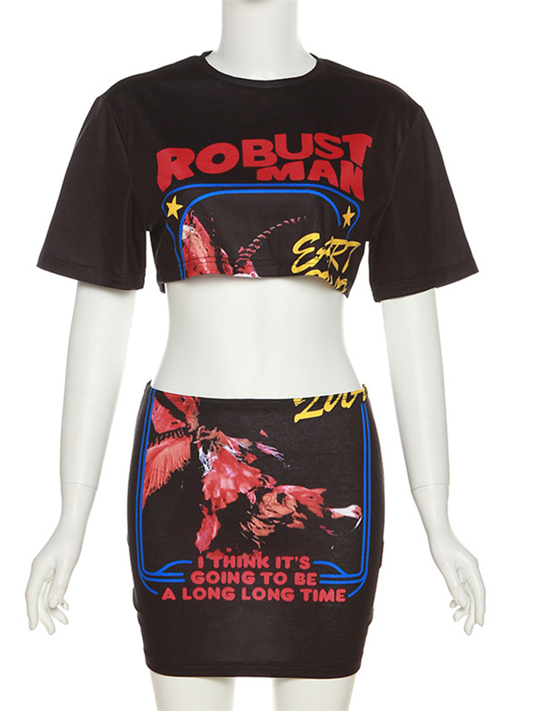 Two Piece Dress Sifreyr Letter Print Black 2 Set Women Matching Streetwear Suits O Neck Short Sleeve Bare Midriff Crop Top+mini Skirt Sets 230510