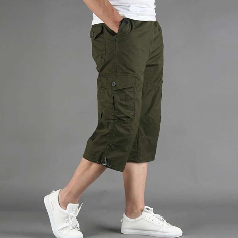 Men's Shorts Plus Size Knee Length Cargo Shorts Men's Summer Casual Cotton Multi Pockets Breeches Cropped Short Pants Loose Camouflage Short