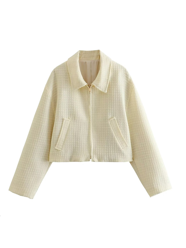 Women's Jackets Jaket wol crop musim semi untuk wanita 2023 jaket pendek elegan Chic mantel kerah Turn down Solid pakaian luar Vintage jalanan 23