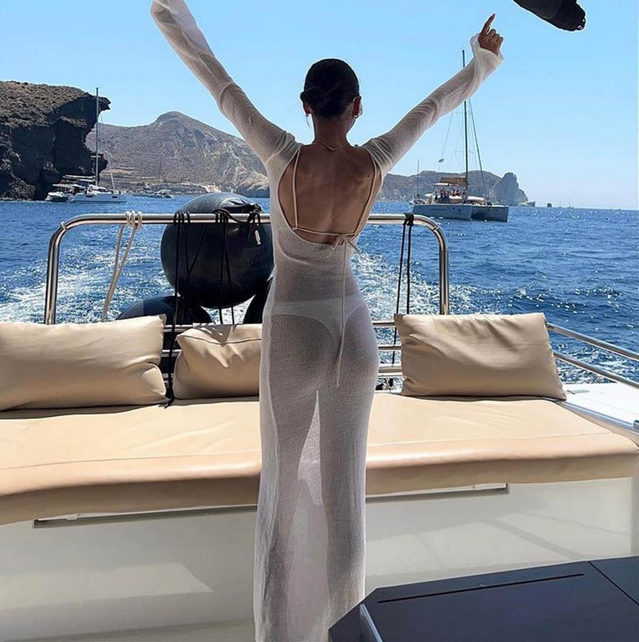 Women's Swimwear 4 Yiiciovy Wrapped Beach Dress Bikini Coverups Long Sleeve Round Neck See Through Sunscreen Backless Dresses