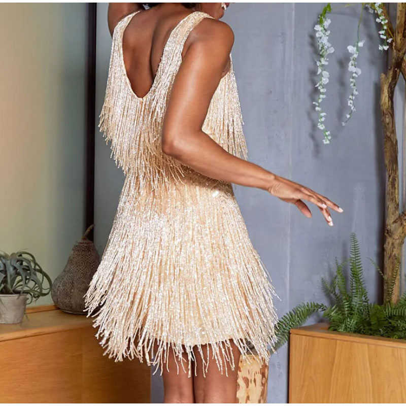 Party Dresses 2023 Sexy Women's Fringed Sequin Feather Stitching Dress Summer Slim V-Neck Off Shoulder Dresses Female Backless Slip Mini Robe Y23