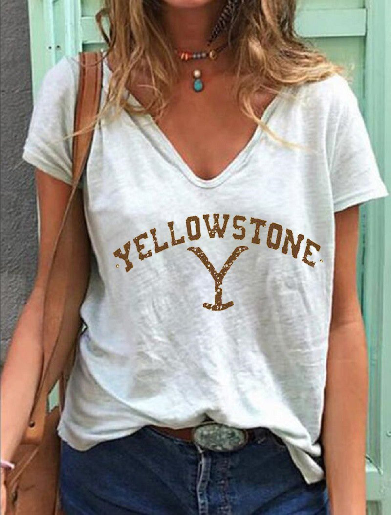Women's TShirt YELLOWSTON Woman Tops Casual Cotton Vneck Sleeveless Tshirt Female Loose Printed Tee Femal Sexy Clothing Mujer Camisetas 230510Z