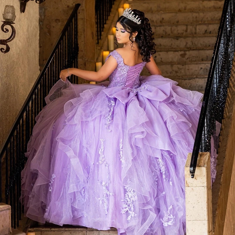 Lavender V-Neck Ball Quinceanera Dree Applique 3D Wer Tulle Off The Shoulder Sweet 15 16 Prince Party Gown