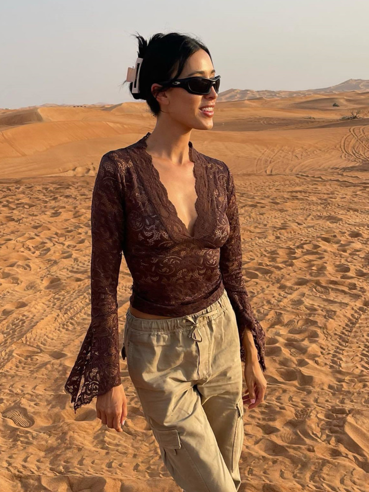 Womens TShirt JULISSA MO See Through Vneck Long Sleeve Lace Skinny Tops Outfits Women Summer Party Club TShirts Tees Clothes 230510
