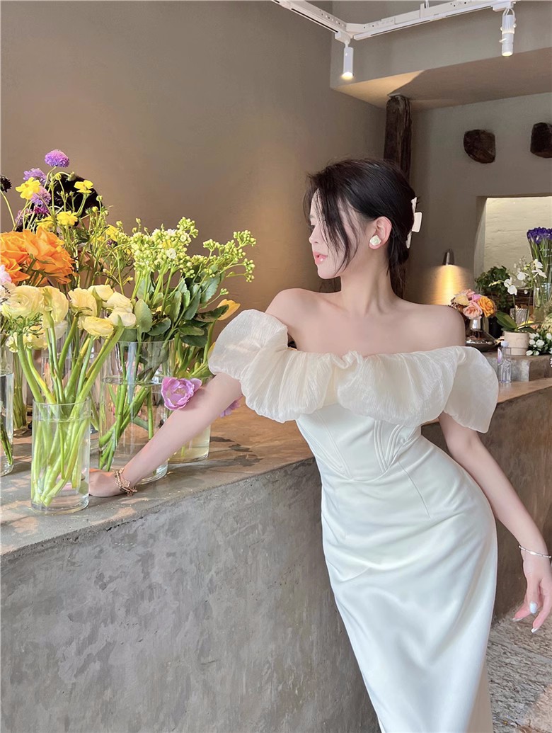 Womens slash neck sexy party dresses off shoulder puff short sleeve slim waist pencil midi long dress SML