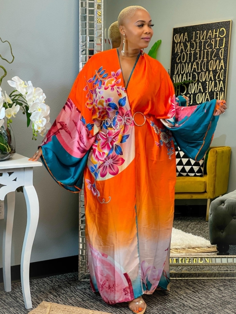 Ethnic Clothing African Dresses For Women Oversized Kaftan Elegant Satin Long Sleeve Cardigan Dress Casual Loose Summer Beach Wear Robe Femme 230510
