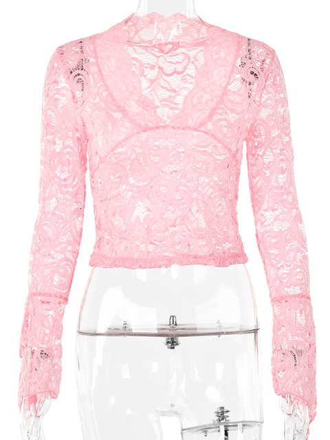 Womens TShirt JULISSA MO See Through Vneck Long Sleeve Lace Skinny Tops Outfits Women Summer Party Club TShirts Tees Clothes 230510
