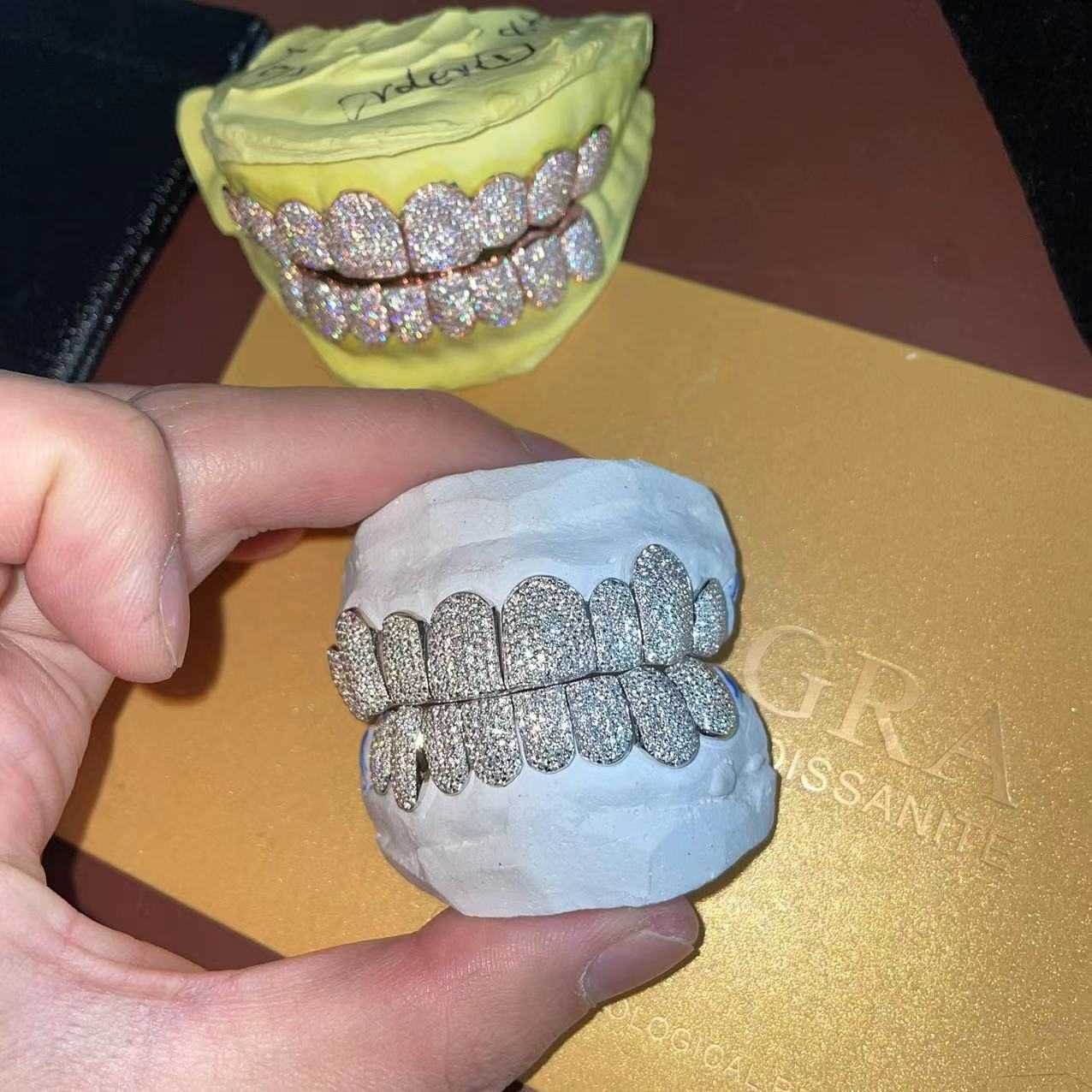 Sparkle Custom Made Hip Hop Iced Out 925 Sterling Silver grills gold Jewelry zigzag setting VVS Moissanite Teeth Mouth Grillz