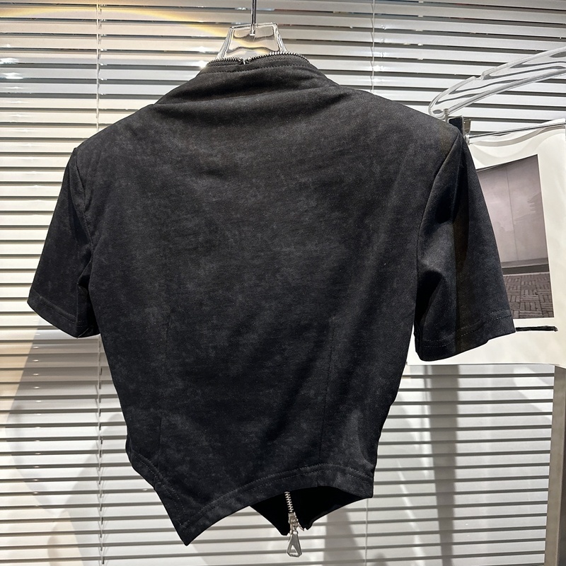 Women's TShirt PREPOMP 2023 Summer Collection Short Sleeve Stand Collar Multi Zippers Shoulder Pads Irregular T Shirt Women Slim Top GH518 230510