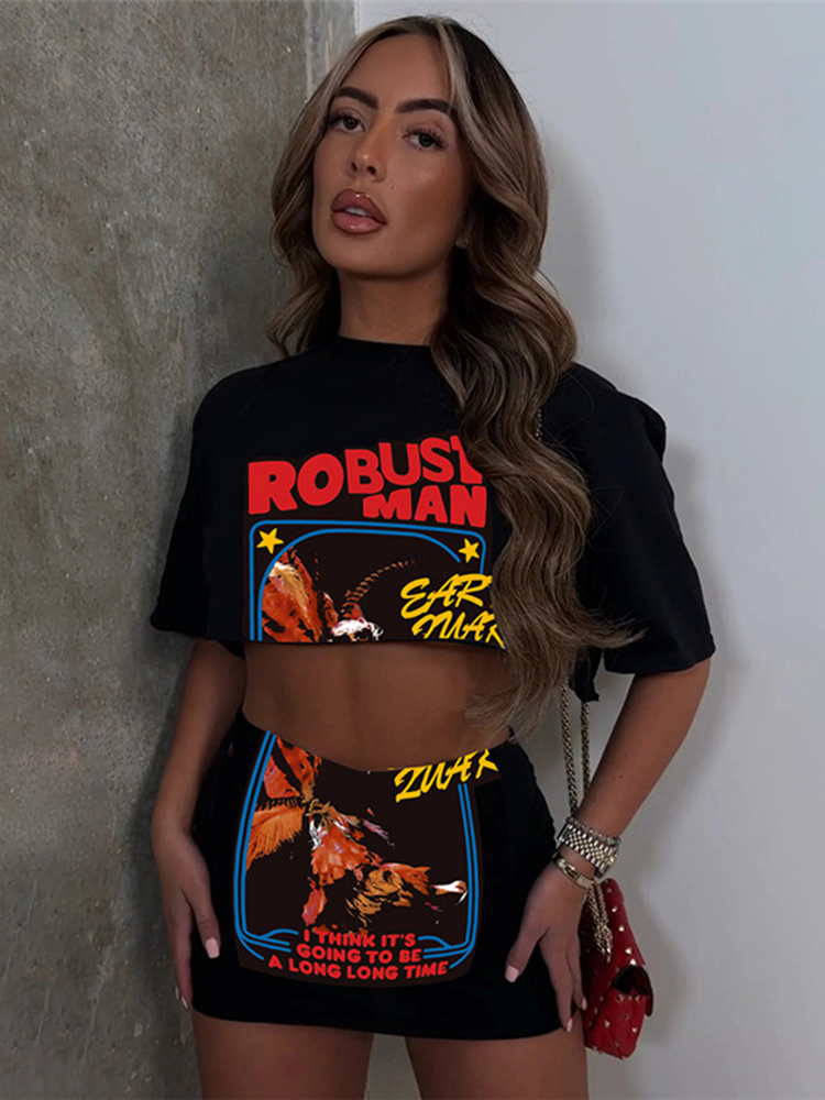 Two Piece Dress Sifreyr Letter Print Black 2 Set Women Matching Streetwear Suits O Neck Short Sleeve Bare Midriff Crop Top+mini Skirt Sets 230510