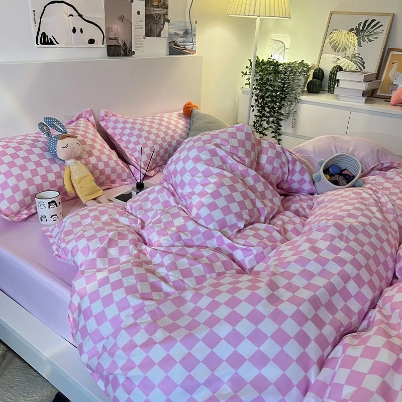 Bedding sets Nordic Pink Black Checkerboard Duvet Cover Sets With Pillow Case Bed Sheet Kids Girls King Queen Twin Kawaii 230510