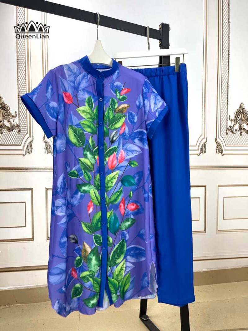 Ethnic Clothing Fashion Casual Set African Long Top Womens Printed Pullover Chiffon Shirt Pencil Pants 88 # 230510