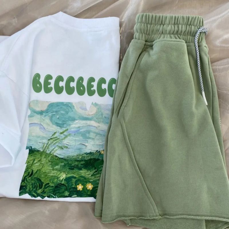 Women's Two Piece Pants SS Girly Sweet Suit Women Lovely Letter Print Versatile T-shirt +loose Street Casual Shorts Unisex Simple Home Wear 23051