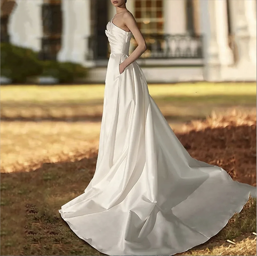 One Shoulder Classic Pleats A E Wedding Dresses Ivory Simple Satin Long Court Train Bridal Gowns Boho Minimalist Plus Size Maternity Party Reception R