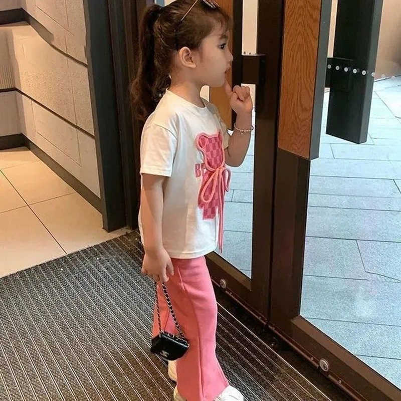 Clothing Sets 2025 Newest Summer Teens Clothes Set New Sport Bear Print Cotton Crop Top T Shirt + Wide Long Pant Suit Korea Child Tracksuit Y250424